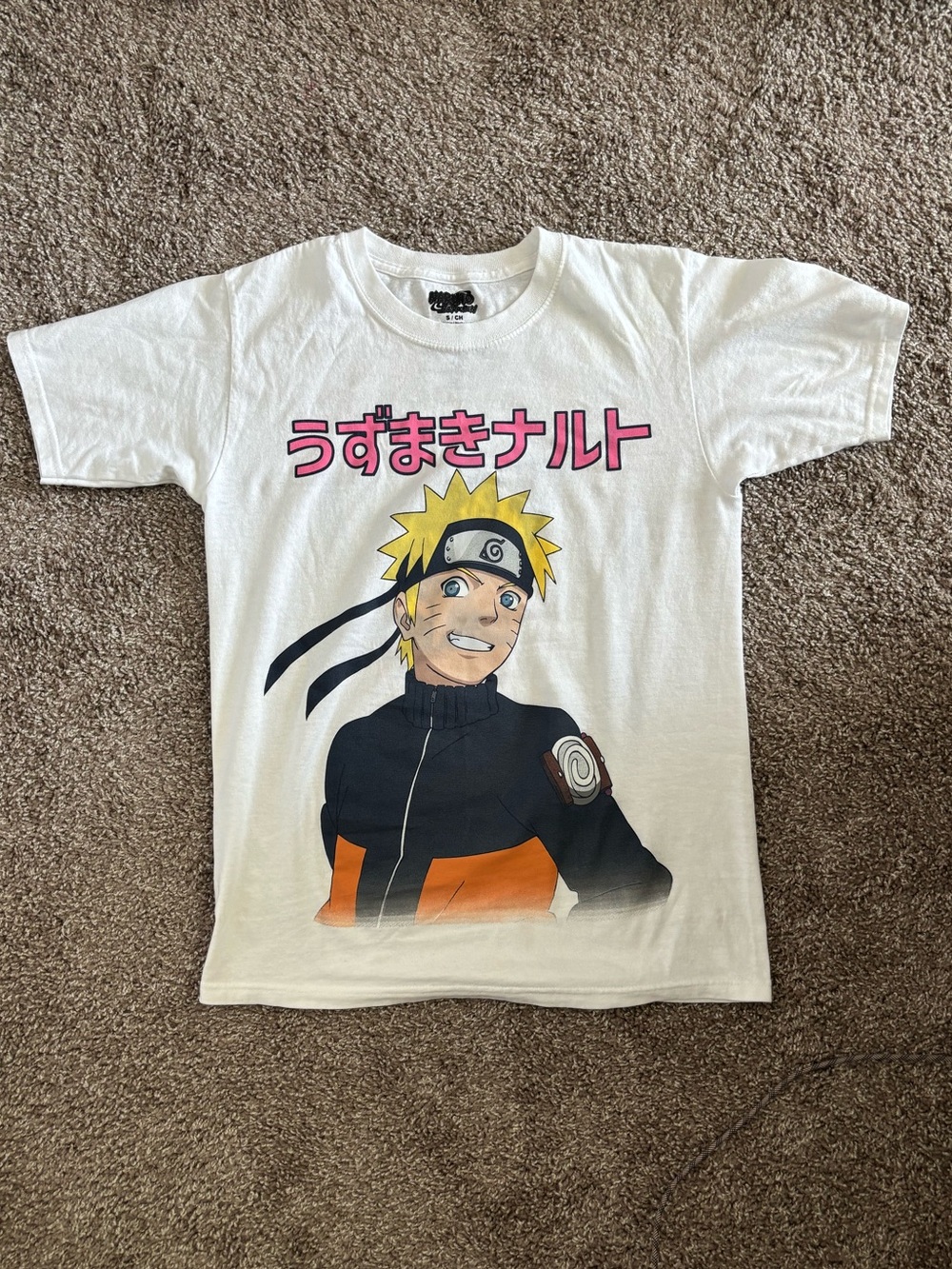 Naruto Graphic mens White T-Shirt with Pink Japanese Text